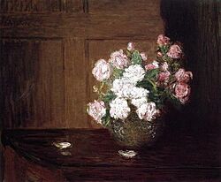 Julian Alden Weir (American, 1852-1919), Roses in a Silver Bowl on a Mahogany Table, c. 1890