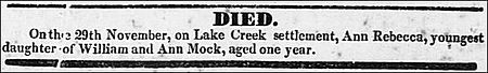 Lake Creek Settlement Obituary