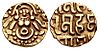 Indian coinage (Pagoda) of Mu'izz al-Din Muhammad. Obverse: Lakshmi seated facing. Reverse: śri maha/[mi]ra mahama/da sama in Devanagari.