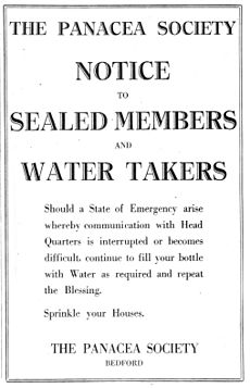 Panacea Society notice 4 September 1939