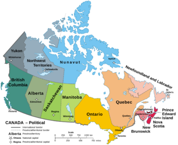 A map of Canada showing its 10 provinces and 3 territories