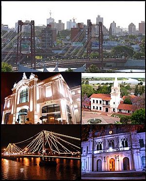 (From top to bottom; from left to right) Panoramic view of the city; Municipal Theatre; Plaza Las Tres Culturas; Puente Colgante at night and the National University of the Littoral.