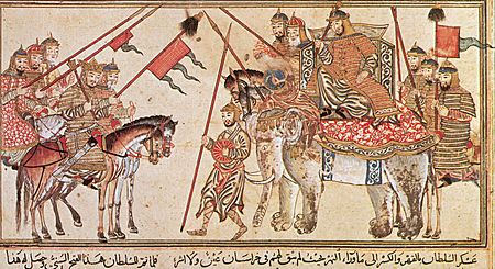 The Kara-Khanid ruler Ilig Khan on horse submitting to Mahmud of Ghazni riding an elephant, Persian painting, 1306-14