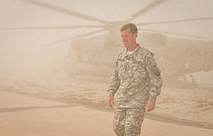 U.S. General Stanley McChrystal, commander of International Security Assistance Force and U.S. Forces-Afghanistan arrives at Combat Outpost Sharp in April 2010