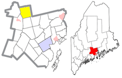 Location of Troy (in yellow) in Waldo County and the state of Maine