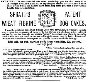 1876 ad for Spratt's Patent Meat Fibrine Dog Cakes