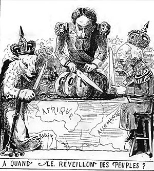 Cartoon depicting Leopold 2 and other emperial powers at Berlin conference 1884