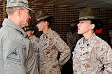 Chairman of the Joint Chiefs of Staff Gen. Martin E. Dempsey talks with U.S. Marine Corps drill instructors at the 4th Recruit Training Battalion, Parris Island, S.C., on March 21, 2013 130321-F-UN972-011