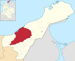 Location of Riohacha in the Department of La Guajira. Municipality (red), city (black dot).