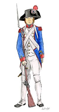 A French fusilier carries his long muzzled musket. He wears a blue jacket and white shirt and trousers; his cartridge belt is strapped across his chest and he wears a tricornered hat with a red revolutionary cockade.