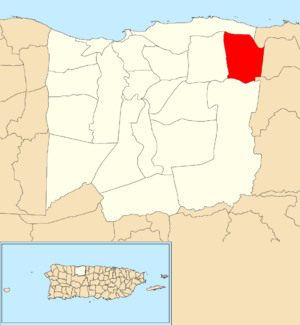 Location of Garrochales within the municipality of Arecibo shown in red