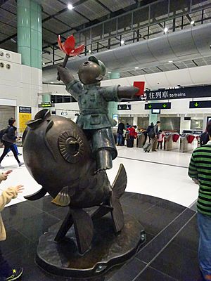 HK Lok Ma Chau MTR Station 落馬洲站 Bauhinia Rider sculpture Chinese Scuptor 蔣朔 Jiang Shuo Bronze statue March 2016 Concourse Level 3 DSC (4)