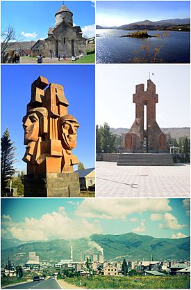 From top left: Makravank Monastery • Hrazdan reservoirWorld War II memorial • Artsakh War memorial Hrazdan skyline