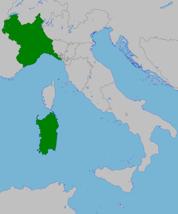 Kingdom of Sardinia, in 1815: the Mainland states (Piedmont, Savoy, Nice) and Sardinia.