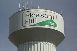 Pleasant Hill's water tower, with the city logo