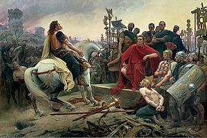 Vercingetorix, on horseback, surrenders his sword to the seated Caesar, who is surrounded by his retinue
