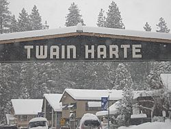 The main entrance into Twain Harte after a snowstorm