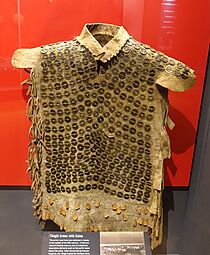 Armor with coins, Tlingit, collected in Alaska in mid 1800s, hide, puffin beaks, Chinese coins from 1644-1796 - Native American collection - Peabody Museum, Harvard University - DSC06038