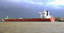 Bulk carrier Navios Happiness runs in the Port of Hamburg in March 2015