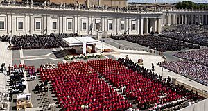 Cardinals in red vestments during the funeral mass for Pope Francis in 2025 (cropped)