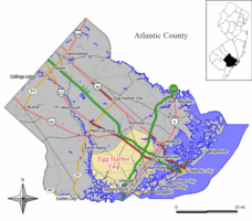 Map of Egg Harbor Township in Atlantic County. Inset: Location of Atlantic County highlighted in the State of New Jersey.