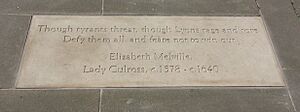 Flagstone commemorating Elizabeth Melville (c1578-c1640), Lady Culross, Makars' Court, Lawnmarket, Edinburgh, Scotland