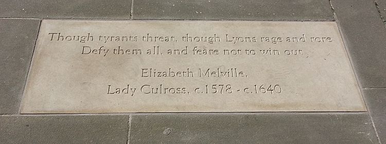 Flagstone commemorating Elizabeth Melville (c1578-c1640), Lady Culross, Makars' Court, Lawnmarket, Edinburgh, Scotland