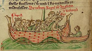 Henry III and Eleanor returning by sea from Gascony, with Nicholas de Molis is in a small boat alongside