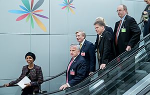Ilhan Omar, Brent Hardt, Mark Ritchie and Jim Core in Paris - 2017 (37746187644)