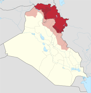 Iraqi Kurdistan in Iraq (de-facto and disputed hatched)
