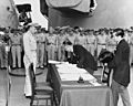 Mamoru Shigemitsu signs the Instrument of Surrender, officially ending the Second World War