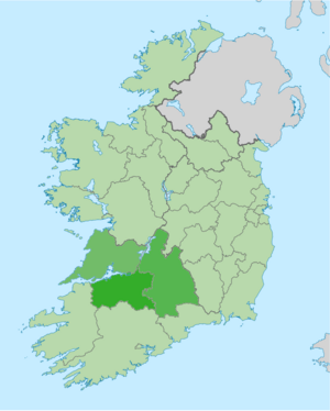 The Mid-West of Ireland with each constituent county council highlighted.