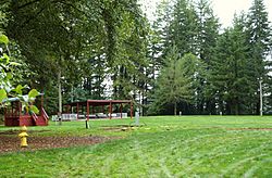 Photograph of a grassy field surrounded by tall evergreen trees, with two reviewing stands at the side.