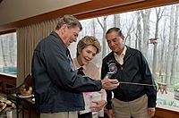 President Ronald Reagan and Nancy Reagan receive a gift from Prime Minister Yasuhiro Nakasone