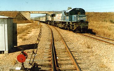 QR loco 1556 and a 1720 class haul the Sunlander northbound through Yabulu, ~1991.jpg