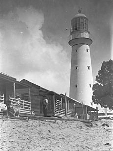 Sandy Cape lighthouse seen from the front of the lighthouse keepers' cottages, Fraser Island, 1907