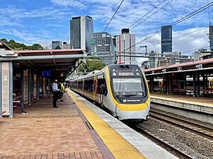 Train approaching Roma Street railway station, Brisbane, 2021
