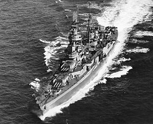 USS Augusta (CA-31) steaming off Portland, Maine (USA), on 9 May 1945 (NH 97932)