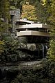 A modernist-style house in the woods, with a terrace over a waterfall