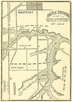 "Battleground of Westport" 1864 map from book - Rebel Invasion of Missouri and Kansas, and the Campaign of the Army of the Border Against General Sterling Price, in October and November, 1864 (IA rebelinvasionofm01hint) (page 160 crop)