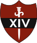 A red shield with a virtual white sword, pointing down. A central black horizontal bar, containing the Roman numeral XIV in white, overlaps the sword.