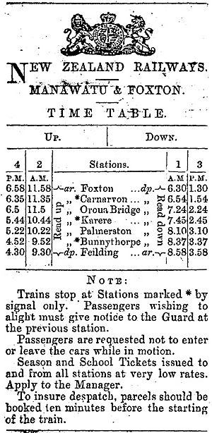 1877 Foxton Feilding railway timetable