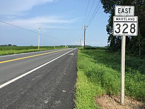 2017-08-21 16 00 40 View east along Maryland State Route 328 (Matthewstown Road) at Lewistown Road and Kingston Landing Road in Matthews, Talbot County, Maryland