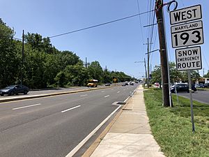2019-06-03 12 55 20 View west along Maryland State Route 193 (Greenbelt Road) at 57th Avenue in Berwyn Heights, Prince George's County, Maryland