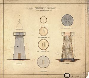 Archer Point plans, section and elevation, color, 1882