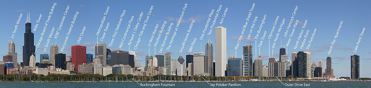 The skyline of a city with many large skyscrapers; in the foreground is a green park and a lake with many sailboats moored on it. Over 30 of the skyscrapers and some park features are labeled.