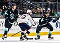 Columbus Blue Jackets at Seattle Kraken - 2024-01-28 - Will Borgen, Brandon Tanev and Johnny Gaudreau (53496368141)