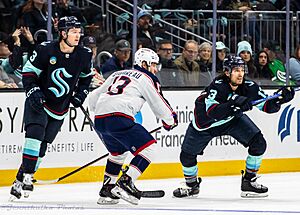 Columbus Blue Jackets at Seattle Kraken - 2024-01-28 - Will Borgen, Brandon Tanev and Johnny Gaudreau (53496368141)