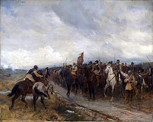 An oil painting depicting Oliver Cromwell at the head of a group of English cavalry on the battlefield of Dunbar