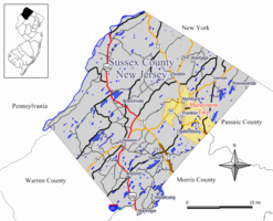 Map of Hardyston Township in Sussex County. Inset: Location of Sussex County highlighted in the State of New Jersey.